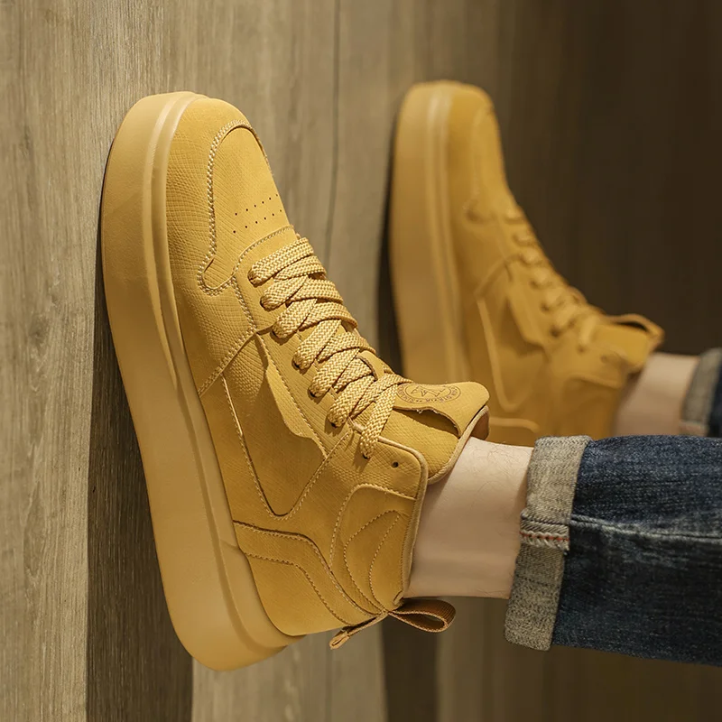 

High-Top Men's oes Winter Versatile Casual Wheat Color Board oes Genuine Leather Waterproof Non-Slip Heightening Casual L...