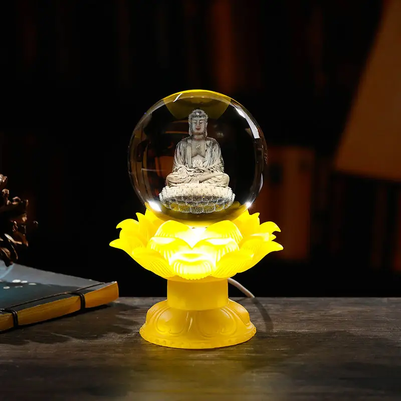 

Luminous Crystal Ball HD Sculpture, Amitabha Buddha, Avalokiteshvara Bodhisattva Lotus Lamp Holder, Temple Desktop, Home Decorat