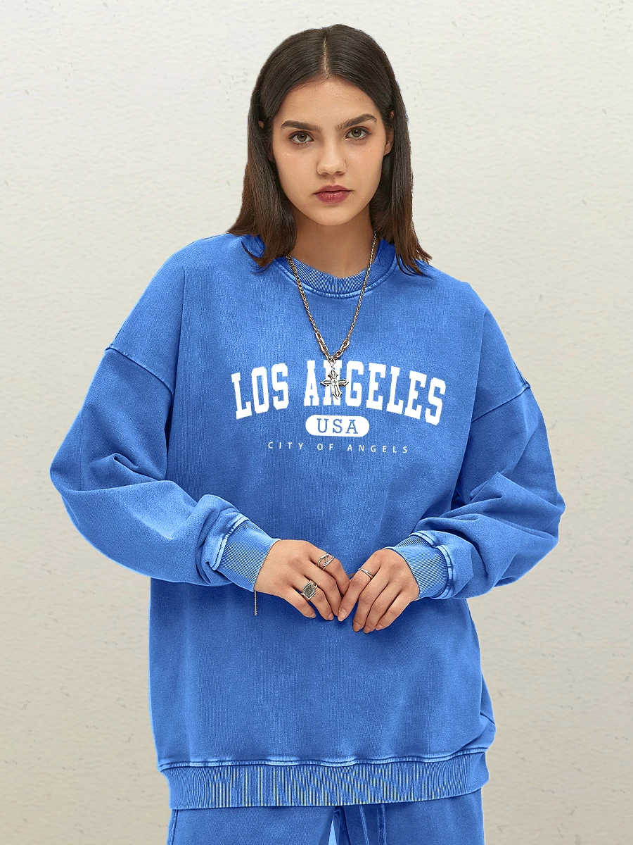 

Los Angeles Usa White Word Pattern Female Washed Cotton Clothing Fashion Loose Pullover Autumn Comfortable Tops Couple Y2K Hoody