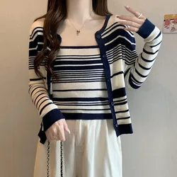 Women's Vintage Harajuku Autumn Striped Long Sleeve O-neck Thin Cropped Knitted Sweater Cardigan and Camis Tops Two Piece Set