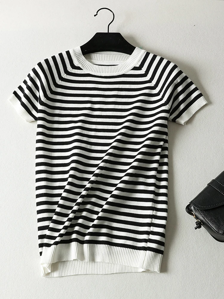 Big Size Summer Short Sleeve Striped Pullover Women Sweater Knitted 2022 Sweaters Tops Korean Pull Femme Jumper Female