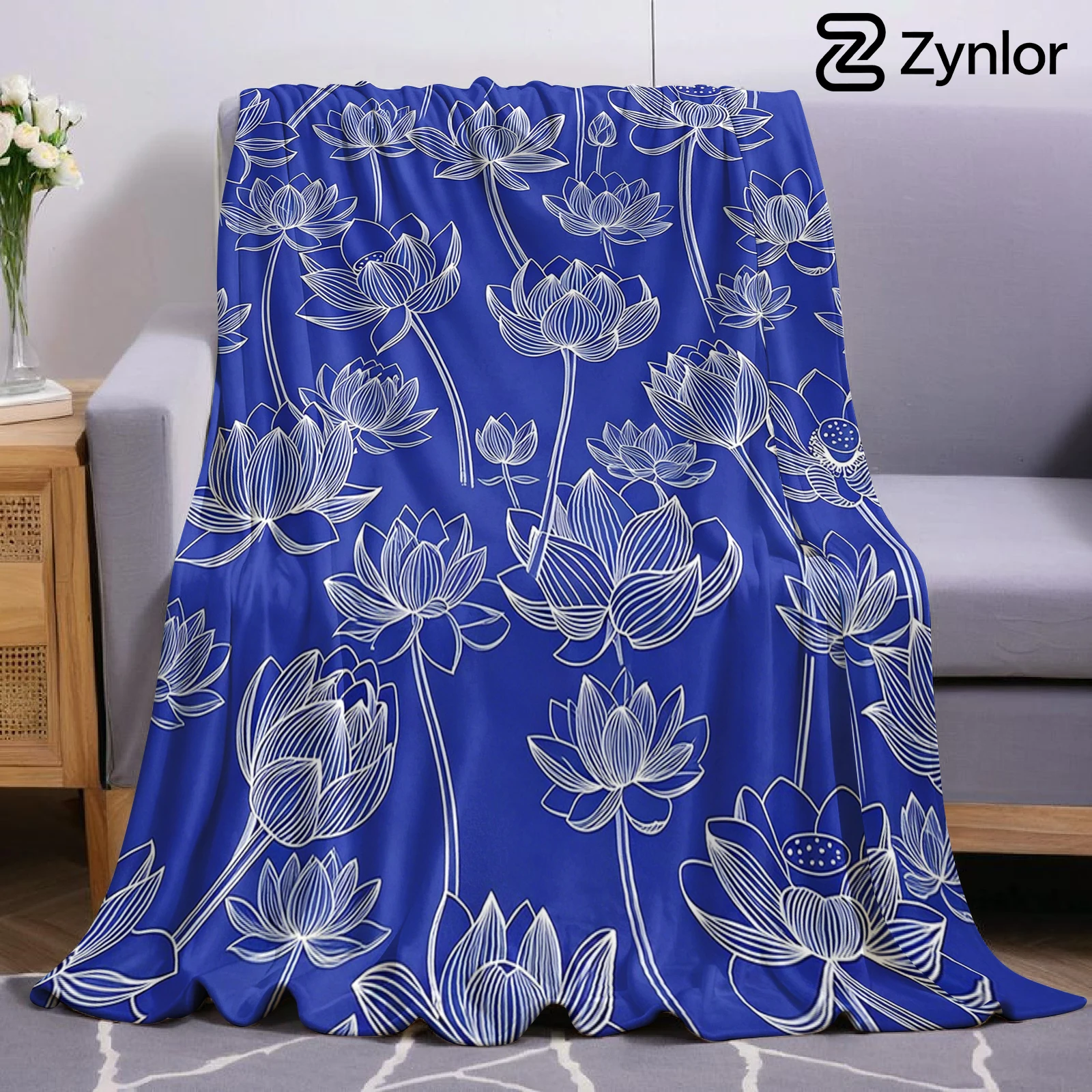 Blue White Lotus Sketch Cartoon Anime Print Flannel Blanket Soft Warm Throw for Kids Bedroom Sofa Bed Christmas Office Car