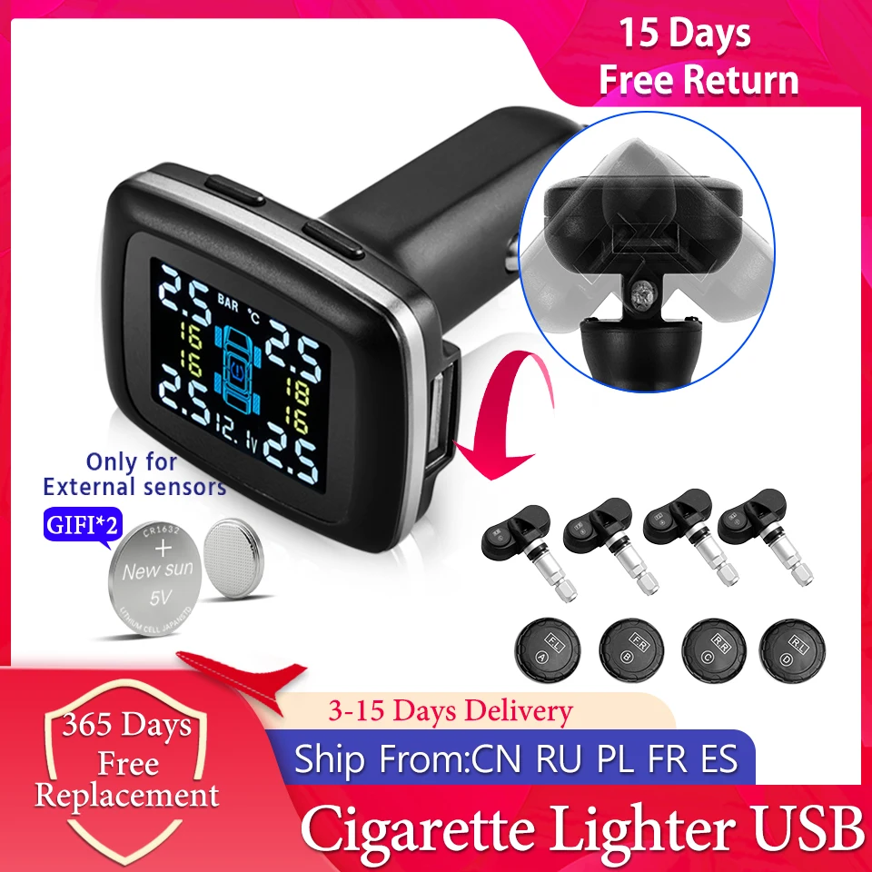 Smart Cigarette Lighter USB TPMS Car Tire Pressure Alarm Monitor System 4 Sensors Display Tyre Pressure Temperature Alarm