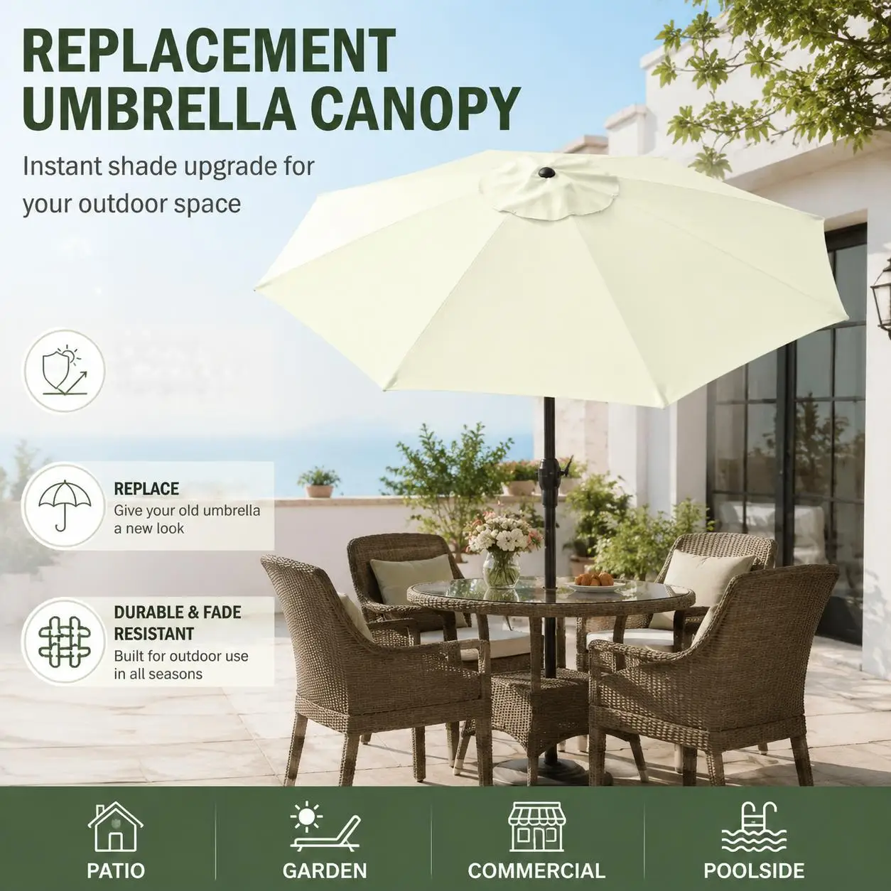9FT off-white patio umbrella cover (only cover, no ribs and brackets), suitable for 2.7m 8-rib courtyard umbrella