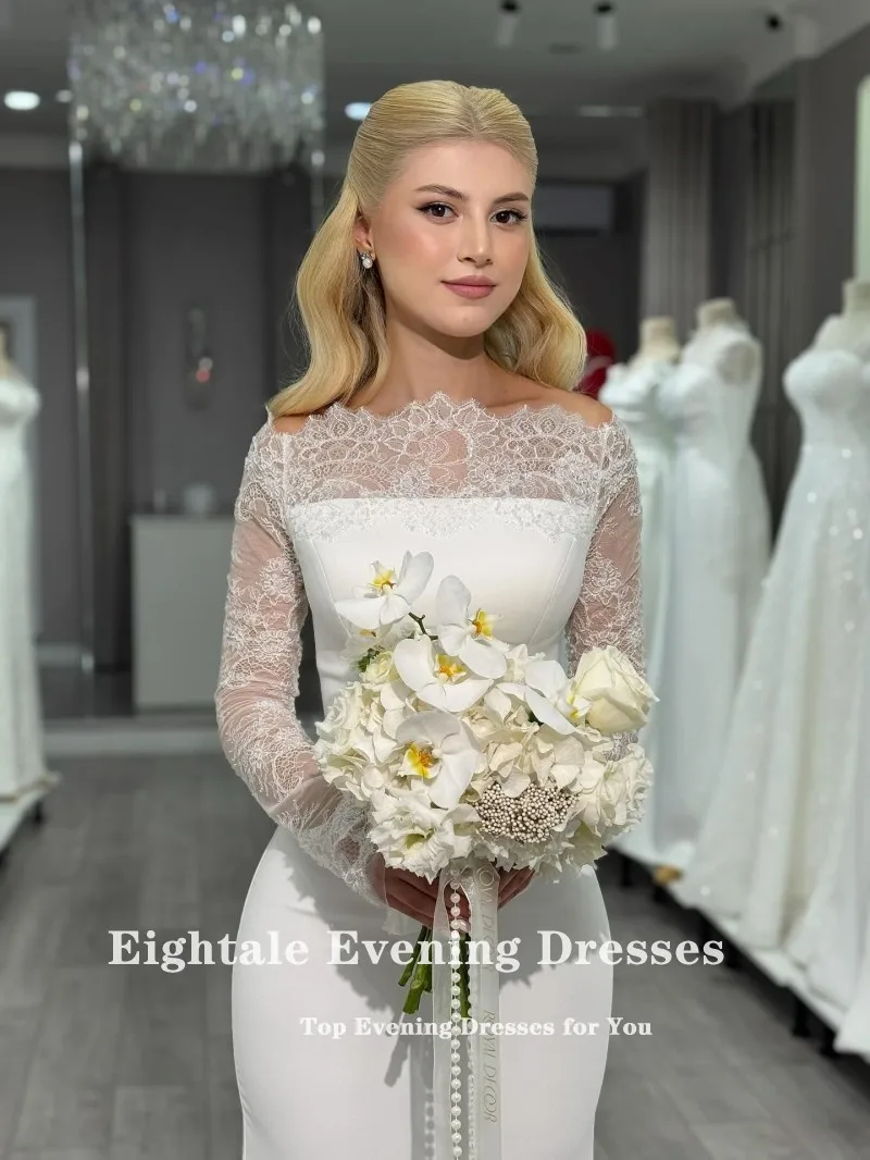 فستان زفاف عربي Eightale بدون حمالات مخصص من الساتان العاجي بأكمام طويلة من الدانتيل فستان زفاف حورية البحر فستان حفلات العروس #5