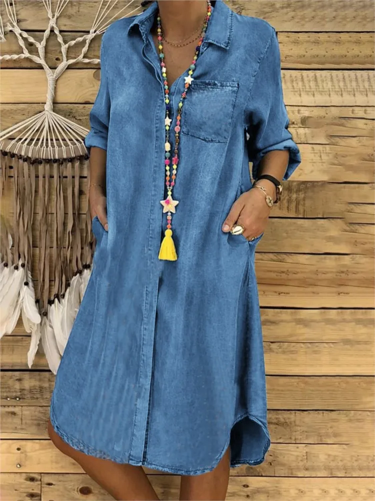 Spring Summer New Women's Denim Dress Solid Color Plus Size Casual With Pocket Shirt Collar Long Sleeved Dress