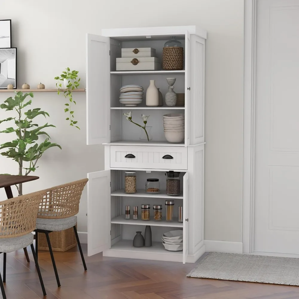 خزائن مخزن مقاس 72 بوصة، خزانة تخزين طعام المطبخ قائمة بذاتها مع درج وأرفف قابلة للتعديل، أبيض #4