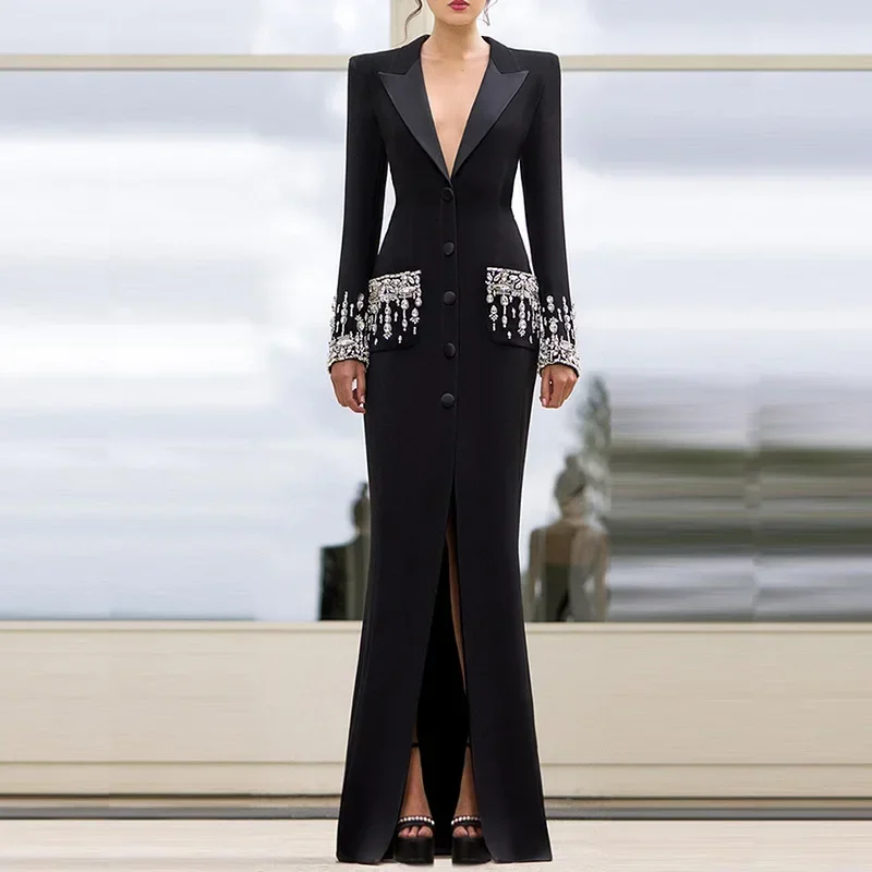 GPBD Crystal Black Floor Length Casual With Long Sleeves Turn down Collar Elegant For Performance Maxi Long Dress