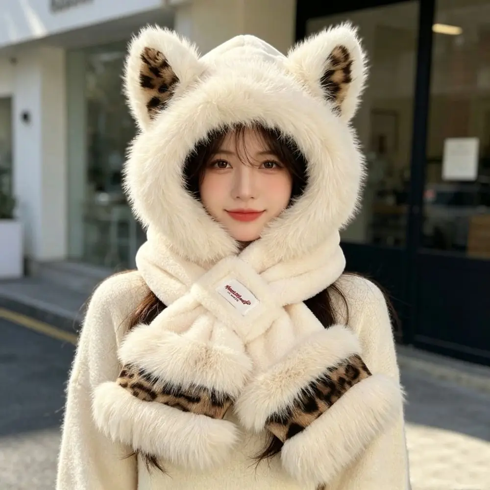 Stylish Leopard Hat Scarf Set Polyester Lining Fox Ear Hat Set Hooded Neck Warmer For Women