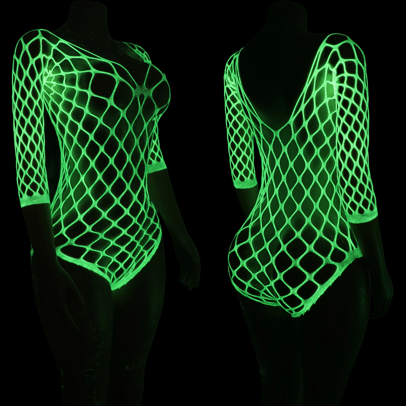 Body de rede fluorescente luminosa com mangas perfeito para apresentações de bar e boate, roupa de dança sexy e ousada