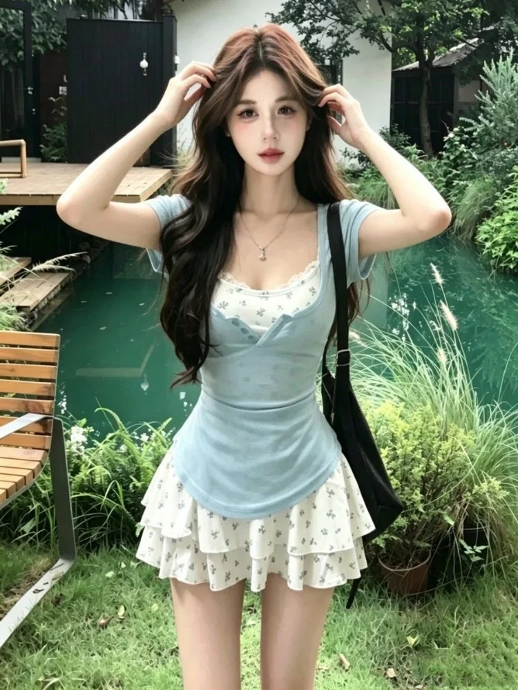 Women 2 Piece Set Summer Blue Short Sleeve Top And Floral Tiered Mini Skirt Matching Set Sweet Fairycore Y2k 2026