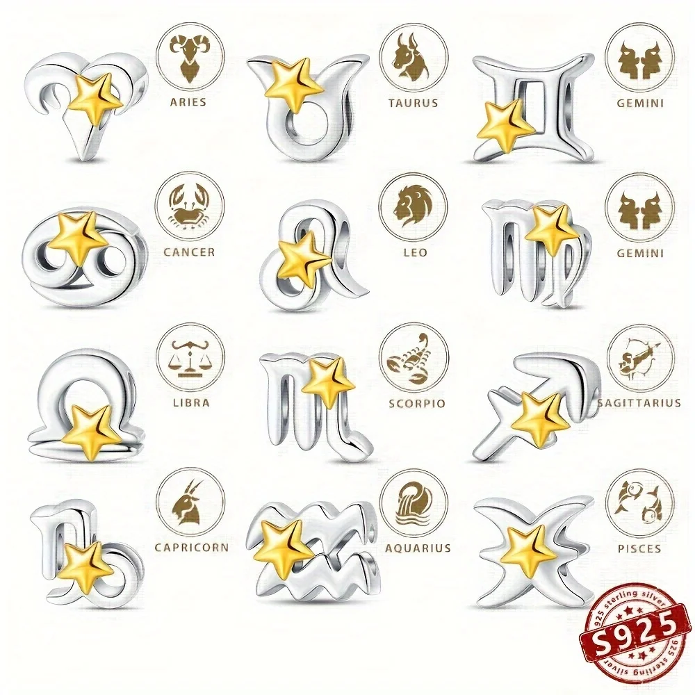 (ص) فضة إسترليني سحر أحرف البروج ، 12 كوكبة ، نجمة ذهبية ، حبات تناسب الأساور الأصلية ، مجوهرات ديي ، هدايا عيد الميلاد