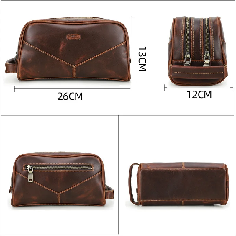 Large Capacity Casual Cowhide Hand Wallet Retro Crazy Horse Leather Multi-Functional Waterproof Wash Small Travel Storage Bag