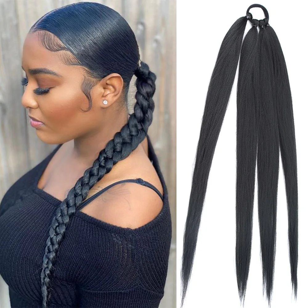 

Ponytail Extensions Synthetic Boxing Braids 26 Inch Brown Wrap Around Chignon Tail With Rubber Band Hair Ring Ombre Braid Grey