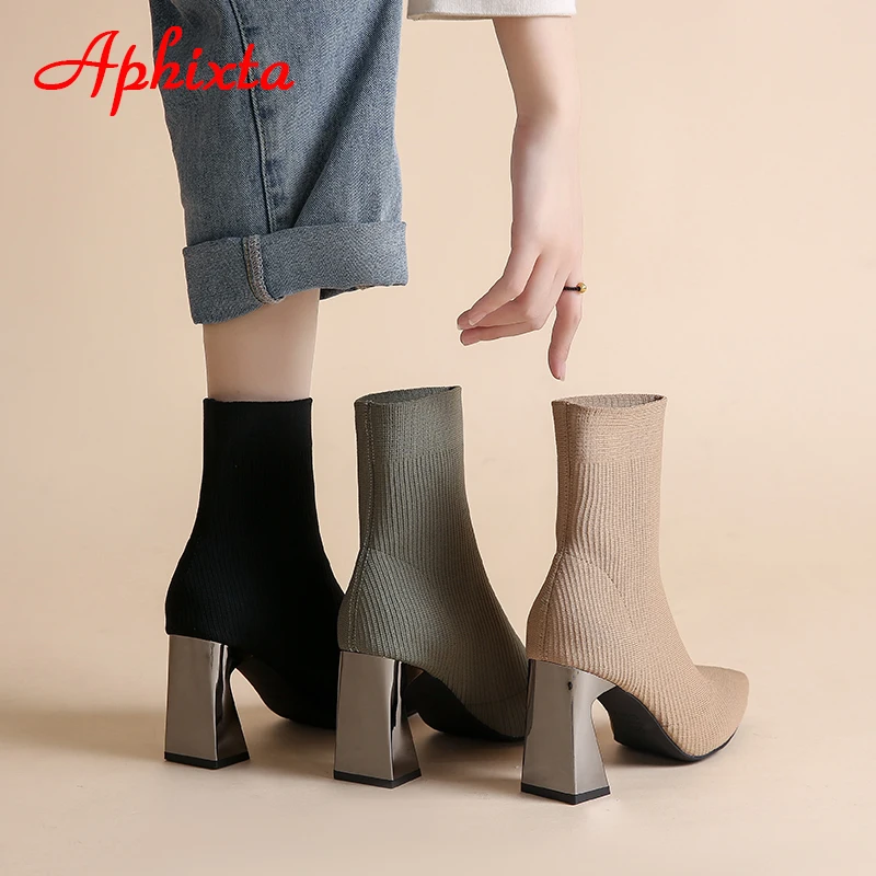 Aphixta-Botas de calcetín con tacón cuadrado cóncavo de Metal para mujer, zapatos de tejido elástico, punta estrecha, color Camel, 8cm