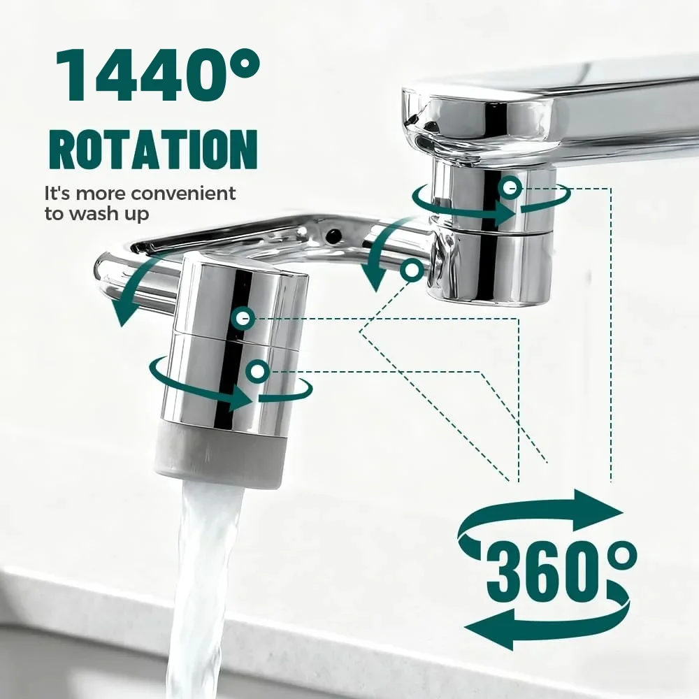 Silver Round Threaded Faucet Aerator 1440° Rotatable 2‑Mode Water Outlet Extension Adapter Splash‑Proof Water Saving Nozzle Universal Connector for Kitchen Sink Bathroom Basin Household Faucet Accessories