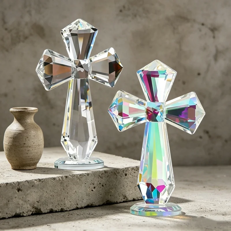 

Hand-carved AB Color Crystal Cross Ornament Standing Handmade Christian Cross Crafts Exquisite Crosses Figurine Religious Gift