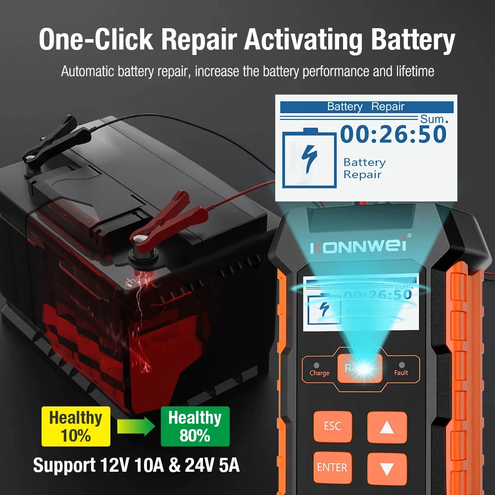 KONNWEI KW520 Battery Tester Charger 12V 24V Voltage Testing Car Truck Battery Repair Tool 100-2000CCA Automotive Battery Tool