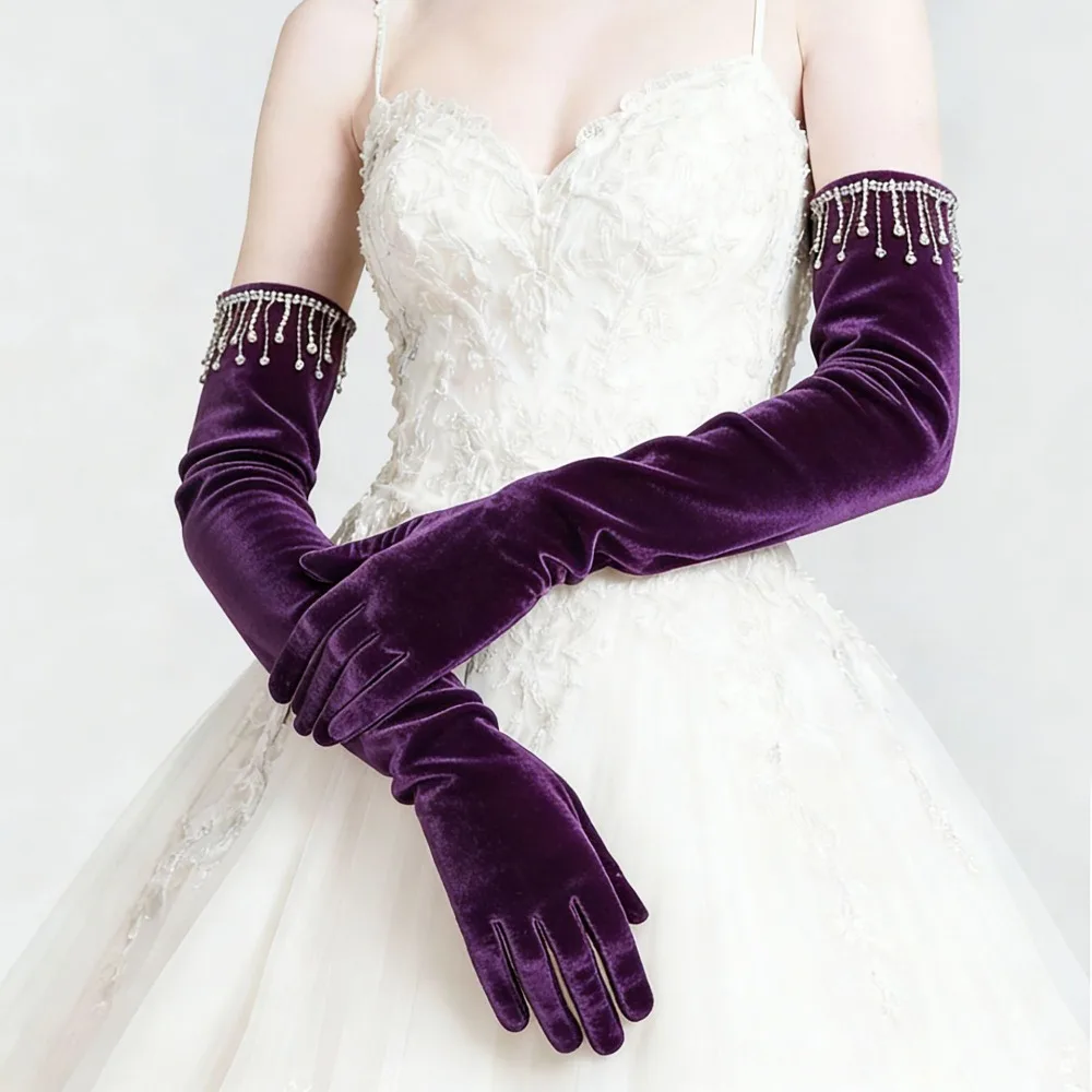 

Elegant Velvet Long Gloves Rhinestone Tassel Solid Color Bride's Long Mittens Full Finger Comfortable Etiquette Gloves