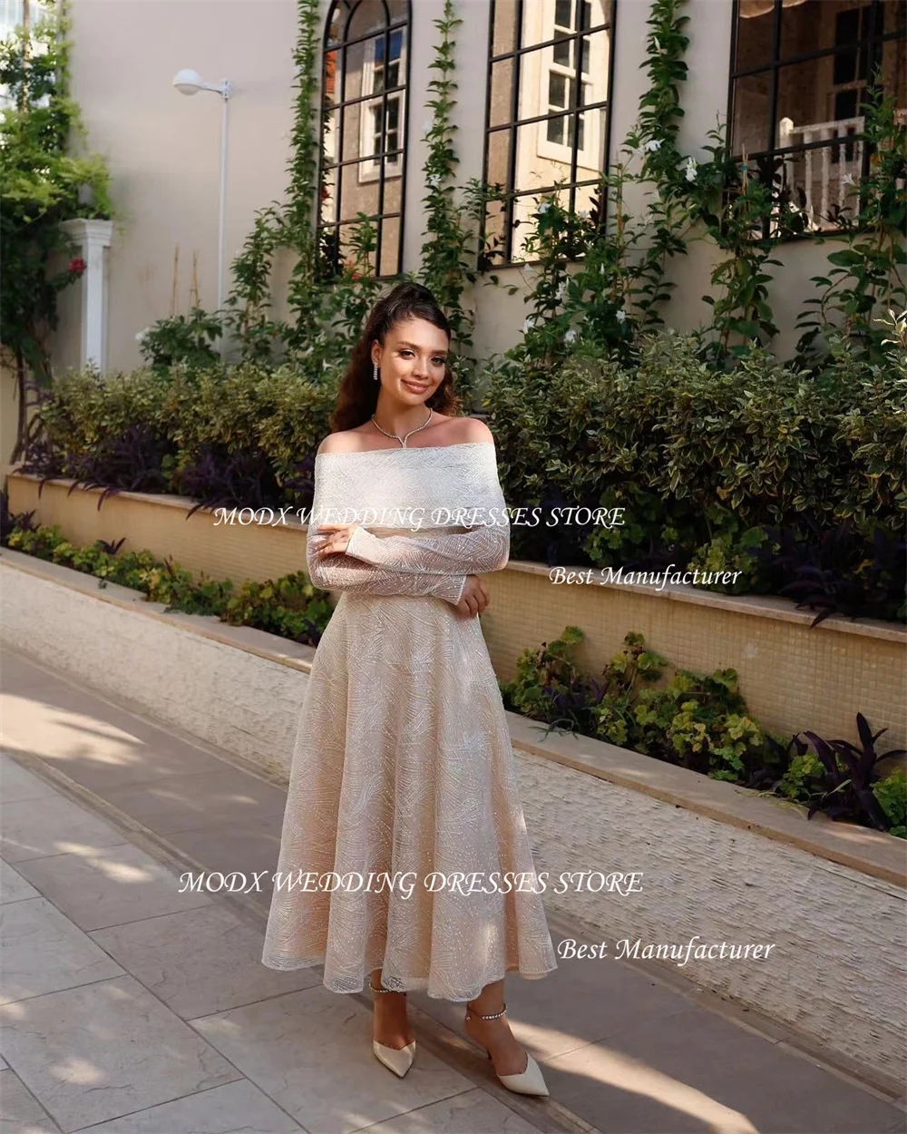 MODX فساتين سهرة بسيطة لحفلات الزفاف بوليرو تول دانتيل بدون حمالات شال قابل للفصل على شكل حرف a بطول الكاحل فساتين مناسبة رسمية