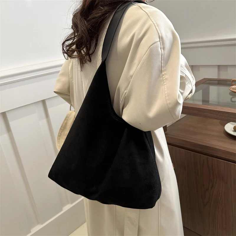 Vintage Damentasche, große Kapazität, Wildleder-Umhängetasche, einfarbig, schlichtes Design, lässige Pendler-Shopper-Tasche – Detail 12