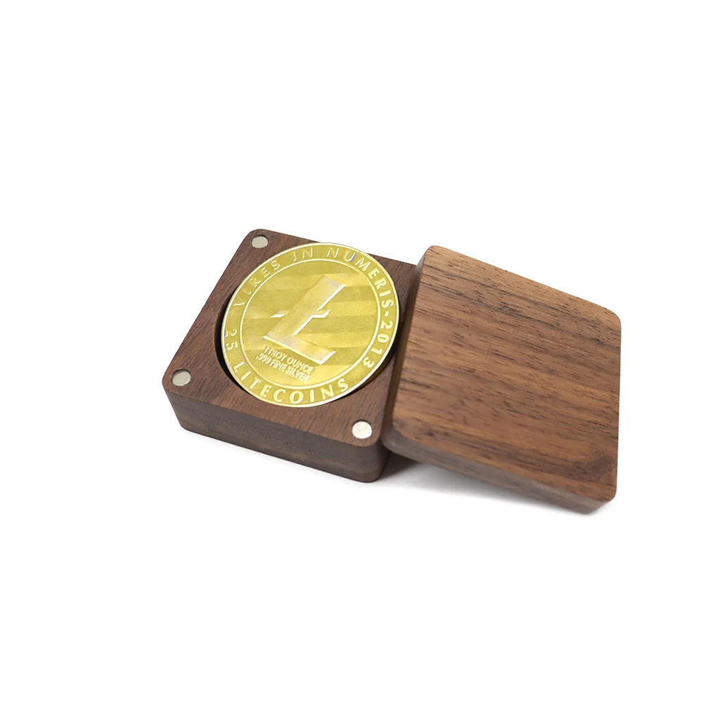 Solid Wood Black Walnut Commemorative Coin Badge Medal Gift Box Mini Portable Coin Storage Box Magnet Style