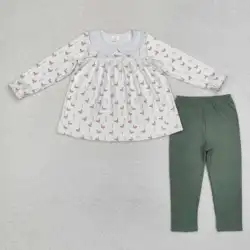 NEW RTS Infant Girls New Autumn Suit Wholesale Boutique Duck Pattern Green Tights Pants Children Girls Suit