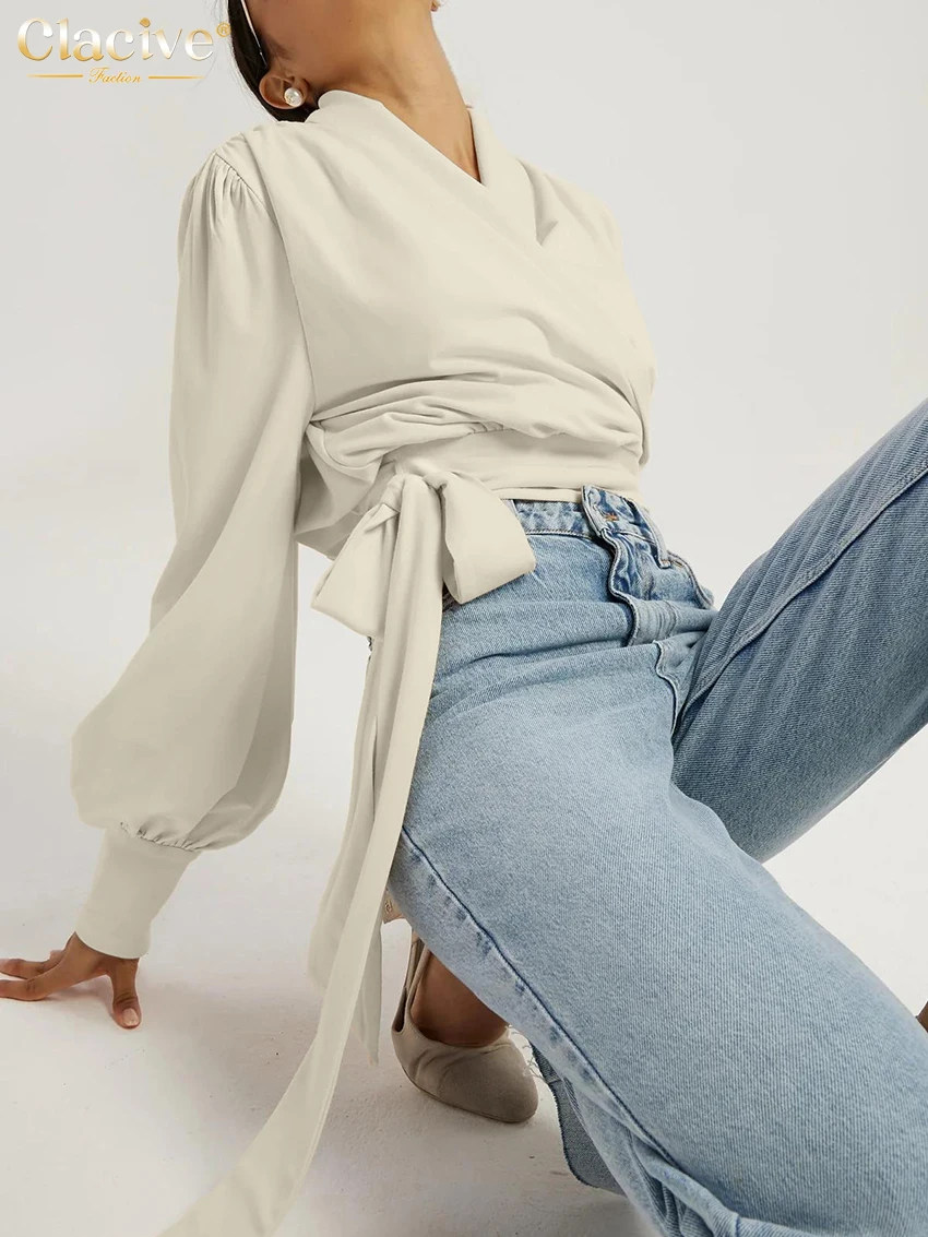 Clacive Fashion Loose Beige Women's Shirt 2026 Spring V-Neck Long Sleeve Shirts Elegant Classic Lace-Up Top Female Clothing