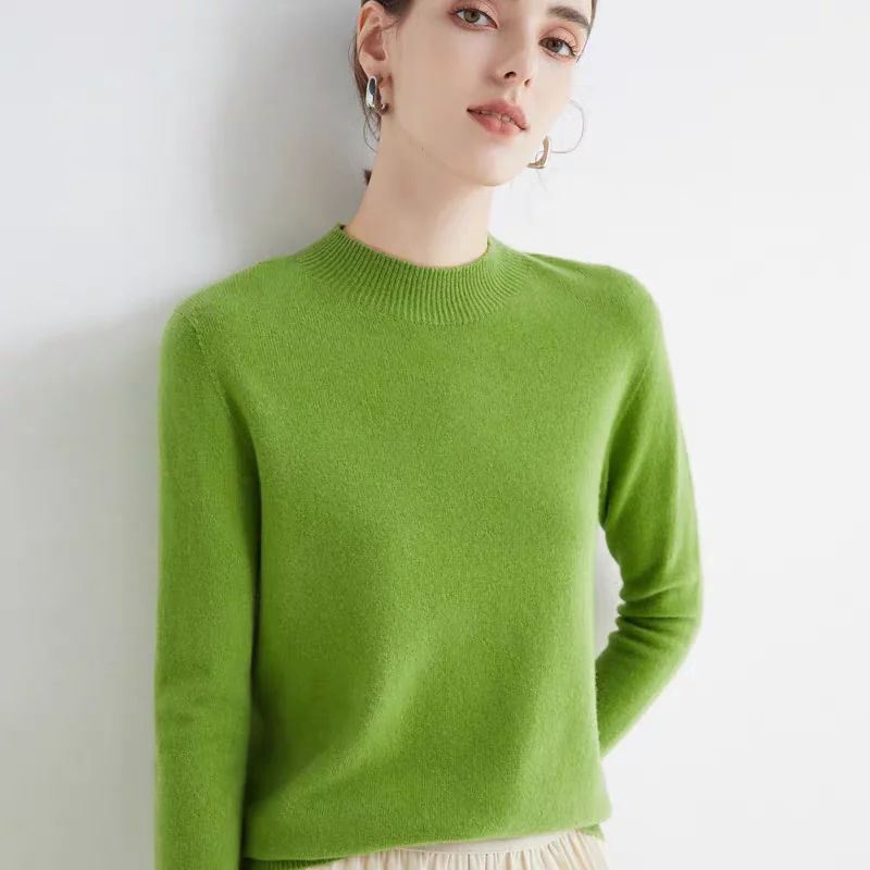 Suéter de caxemira de lã feminino, gola meia alta, vestuário de primeira linha, malha solta, manga comprida, blusa monocromática, pulôver,