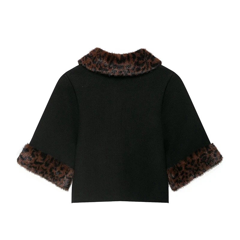 European American Style Detachable Faux Fur Knitted Jacket Women Lapel Collar Short Sleeve Vintage Crop Outerwear