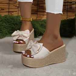 9cm Heels Slides Women's Shoes Fashion Wedge Round Headed Border Bow Design Elegant Comfortable Woman Beach Slippers Size 35-43