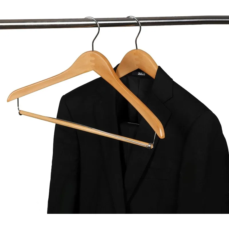 Wooden Hangers Beautiful Sturdy Suit Coat Hangers with Locking Bar Glossy Natural Wood