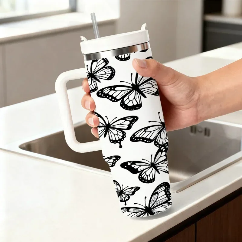 40oz Stainless Steel Insulated Tumbler with Intricate Black & White Stylized Butterfly Digital Print, Reusable Hot & Cold Beverage Cup for Daily Commute, Office Use and Outdoor Activities