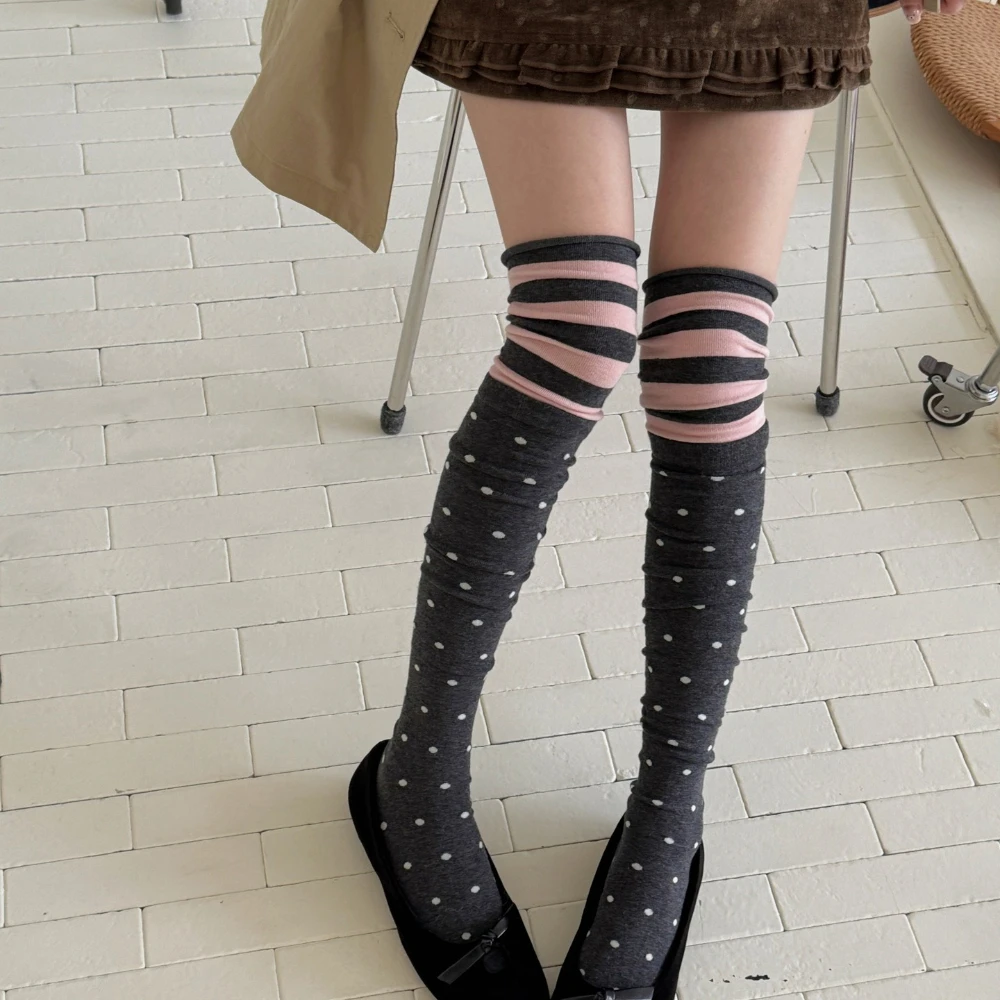 Korean Retro Ins Spliced Over The Knee Socks Polka Dot Striped Y2K Subculture Goth Slouch Socks Student Daily Jk Cotton Socks