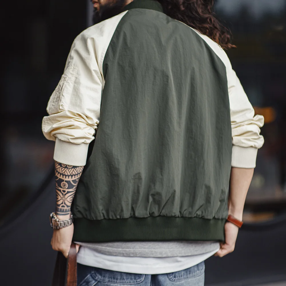 Maden Vintage Contrast-color MA1 Bomber Jacket Short Zip-up Pocket Baseball Jacket Men\'s Casual Outerwear for Spring and Autumn