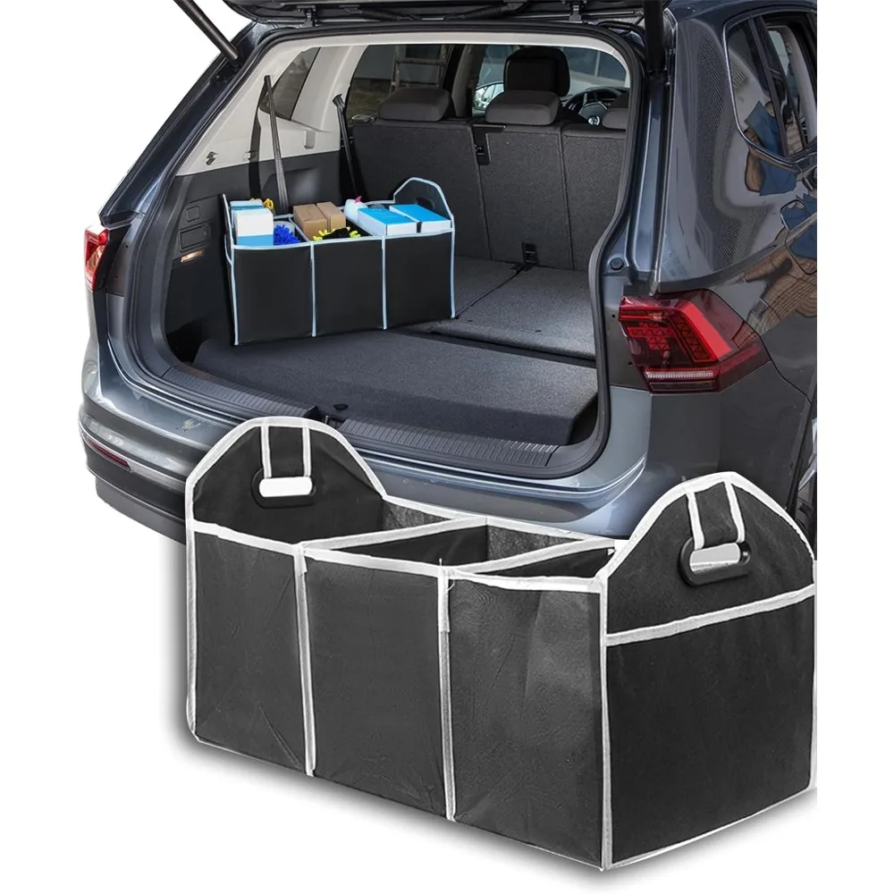 car trunk organizer, foldable storage organizer with 3 compartments, storage box for auto, portable waterproof bag for cargo tru
