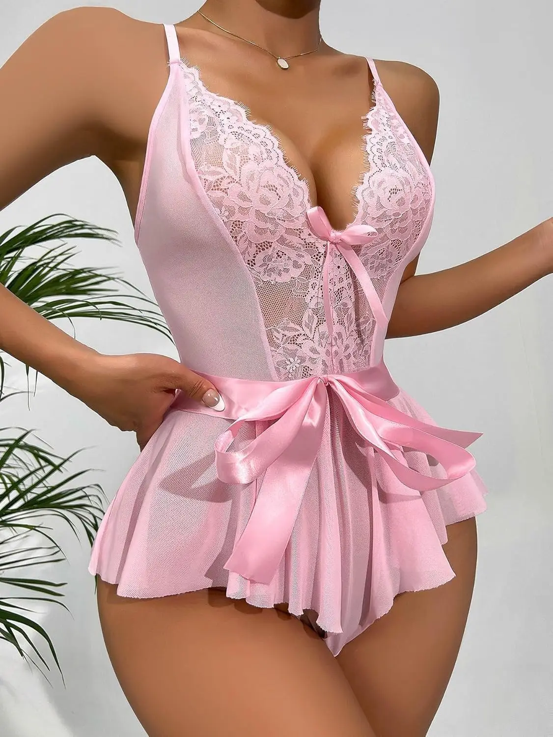 Sexy Waist Belt Floral Lace Mesh Pajamas Bodysuit, Shapewear With Bow Stitching Lace, Open-Back See-Through Sexy Lingerie Bodysuit Available image 4
