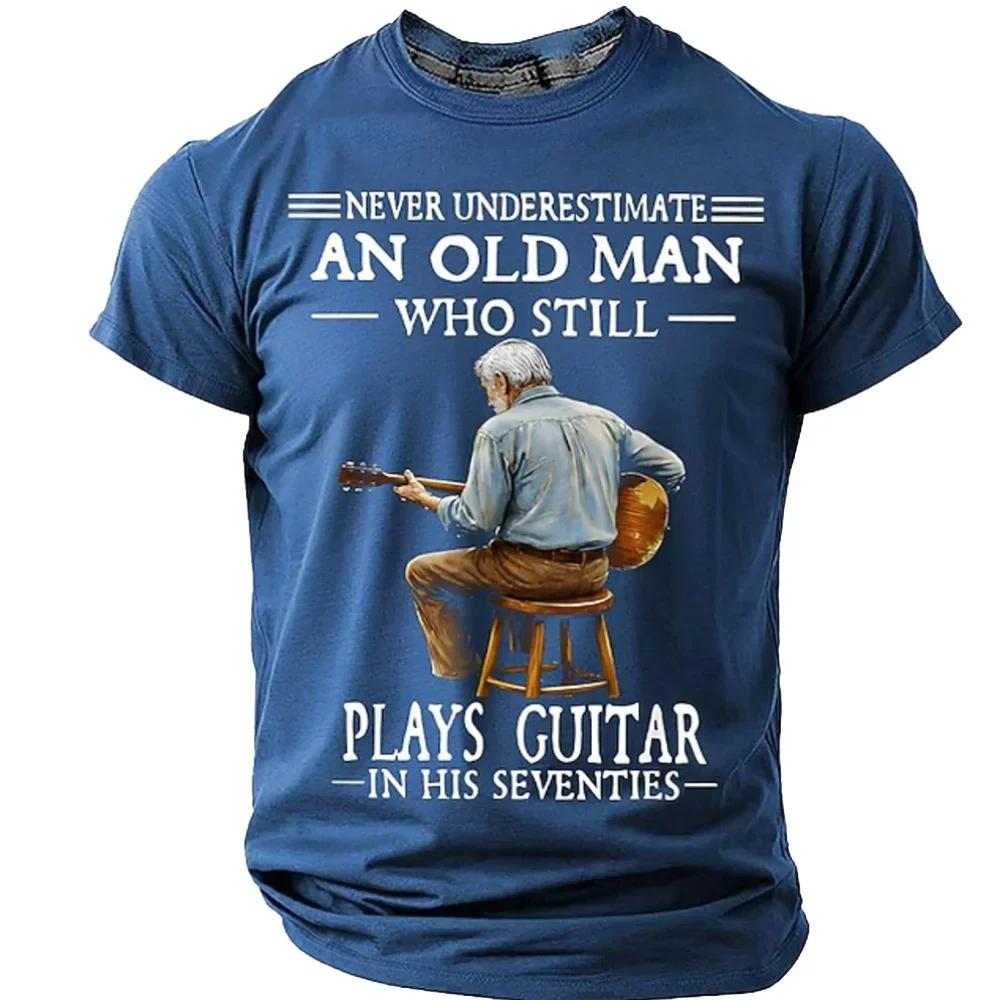 Men's t-shirt with a guitar print, featuring an elderly man with white hair, round neck, short sleeves, versatile casual style.