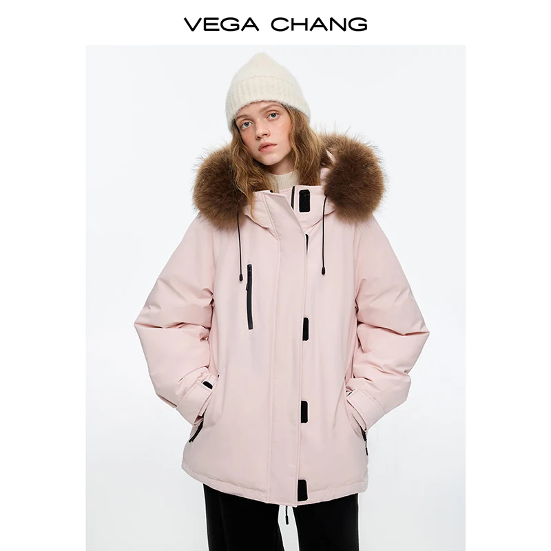 

Vega Chang, новая зимняя стильная съемная хлопковая куртка с воротником из меха енота, трехстойкая уличная повседневная женская пуховая куртка