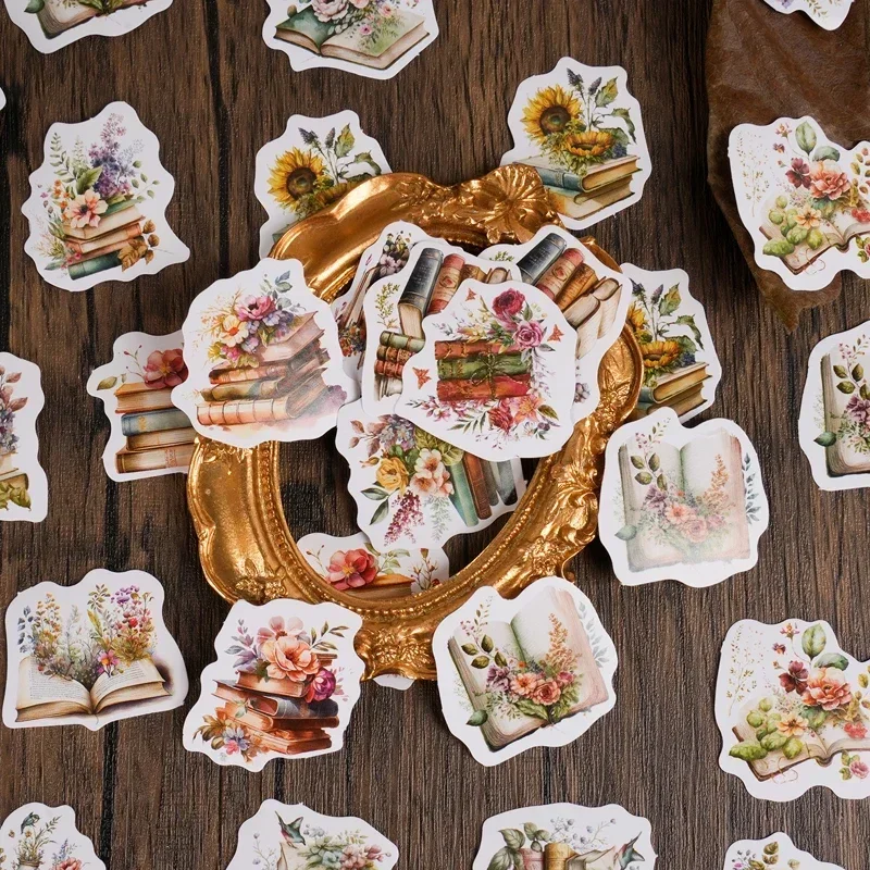 

46Pieces Mni Box Stickers Flower Collection Retro Flowers DIY Adhesive loop Handwriting Decorative Seal Scrapbook 4CM