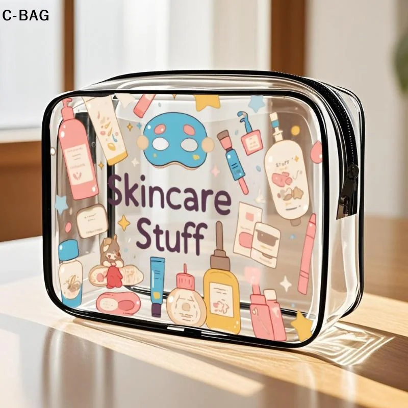 حقيبة مستحضرات التجميل الشفافة المحمولة من جانب واحد طباعة السفر حقيبة أدوات الزينة سميكة البلاستيكية ماكياج المنظم كيس التخزين للسفر