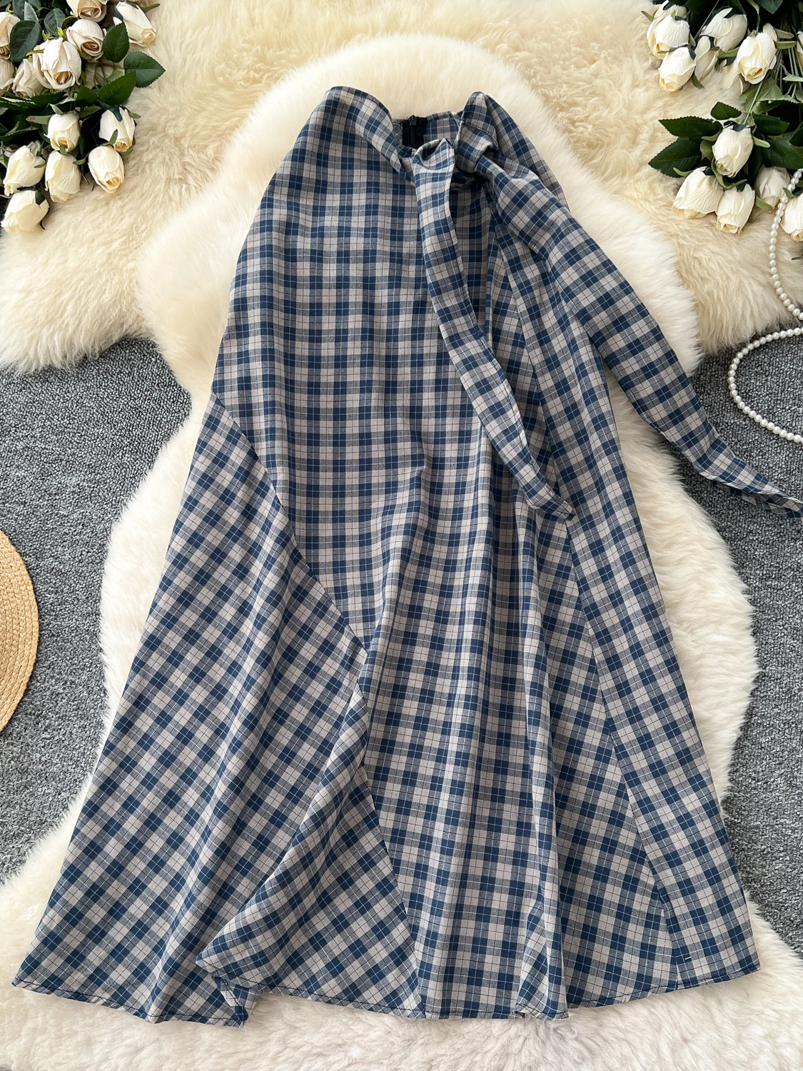 

Korean Sle Plaid High Waist Waist Cinching f Skirt Women's Autumn Design Tied Long Slimming A-Line Skirt Ci Commute