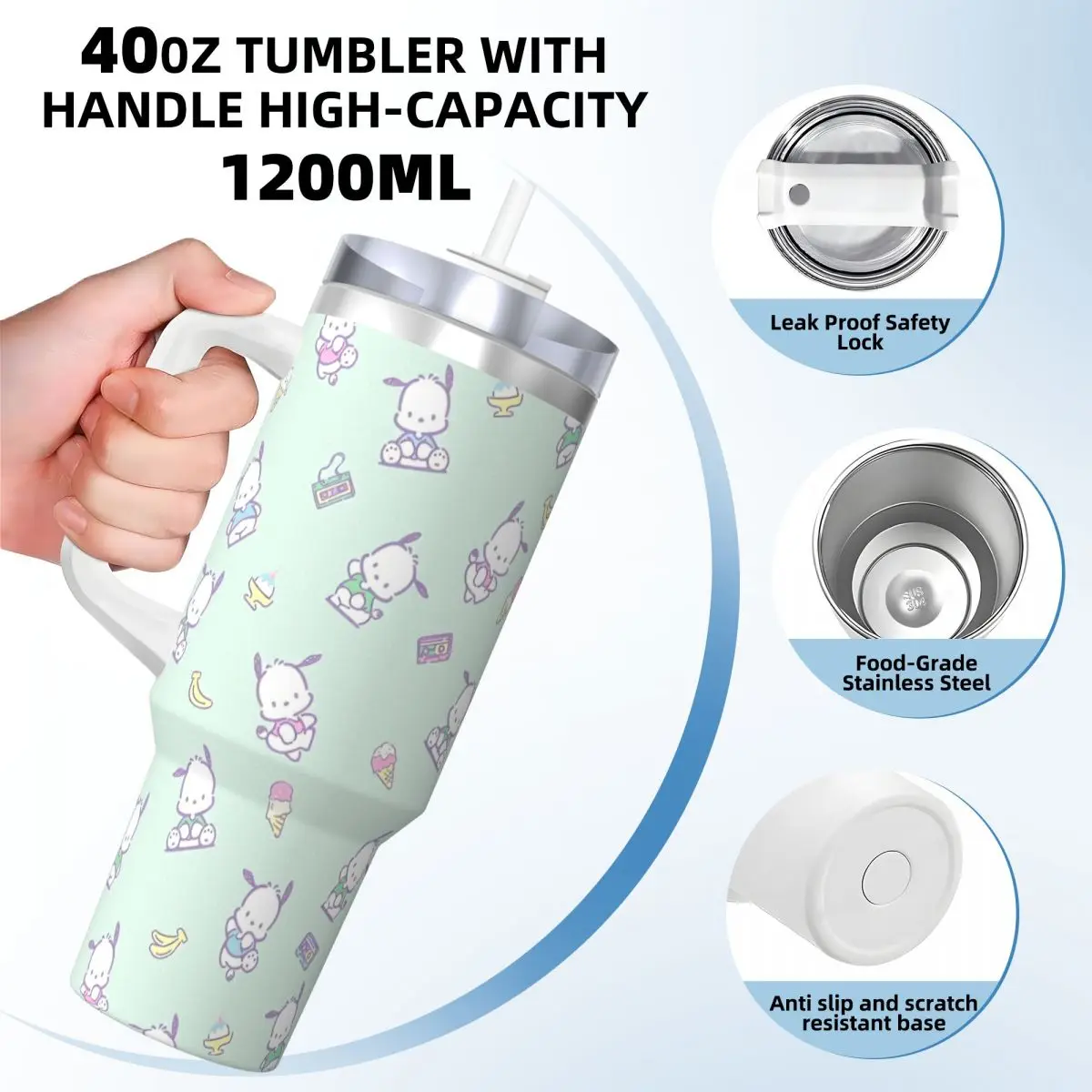 Pochacco Stainless Steel Tumbler Travelist Coffee Mug With Straws and Lid 40oz Mugs Cup Hot Drinks Water Bottle