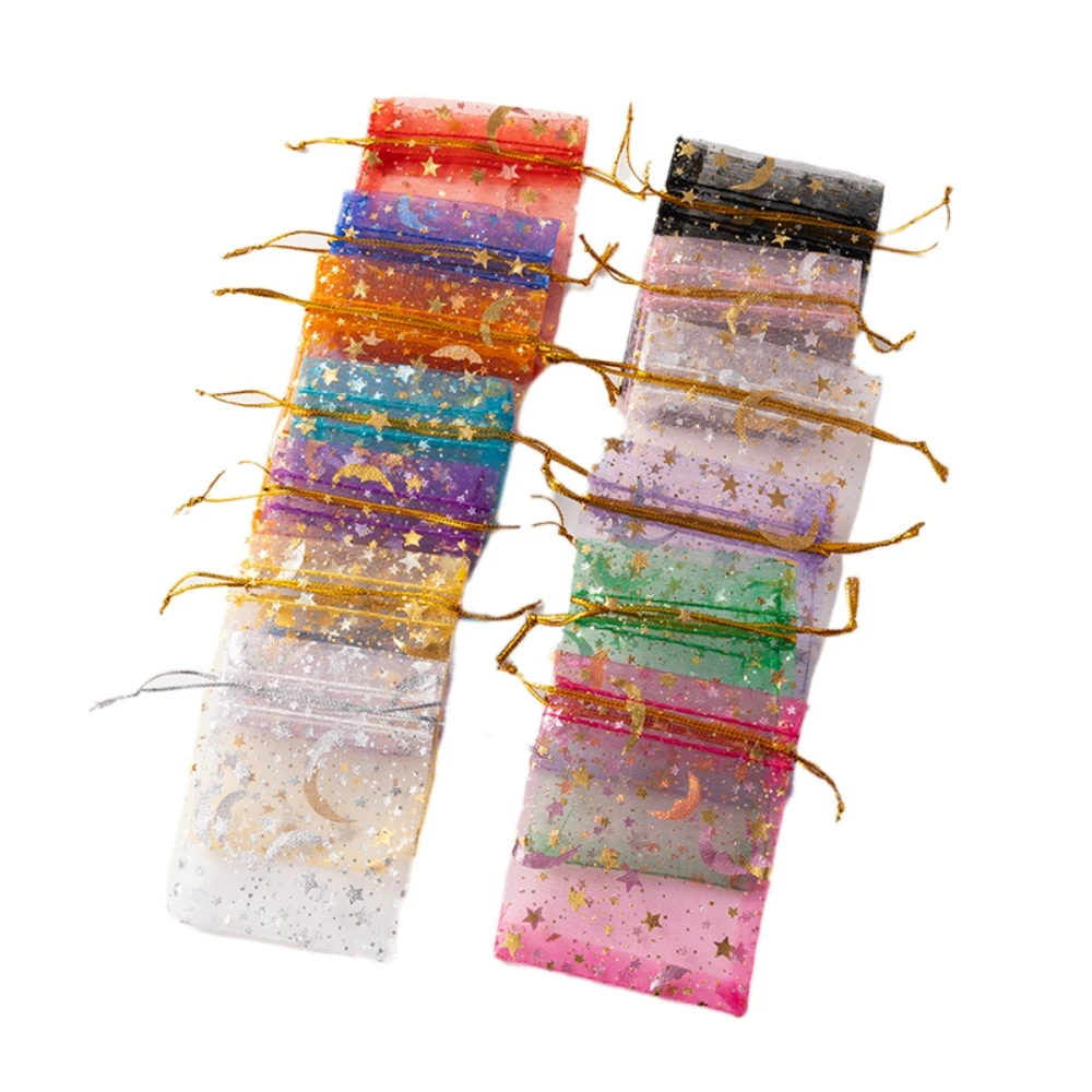 50PCS Mix Moon Stars Drawstring Organza Bags Jewelry Gift Bags Pouches Gold Star Organza Favor Pouches สำหรับงานแต่งงานคริสต์มาส