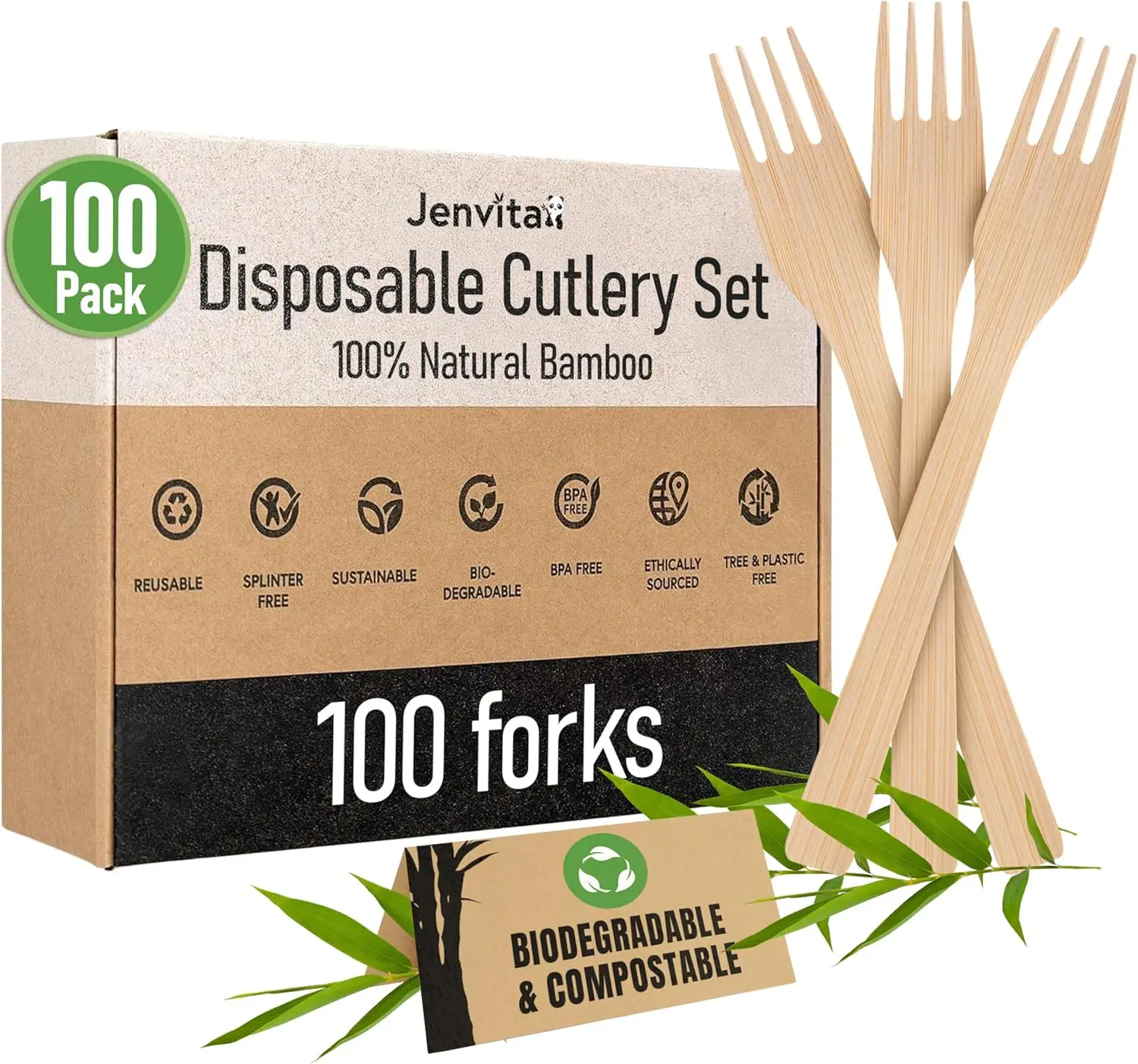 

100% Bamboo Forks Set - Biodegradable, Reusable, Compostable Flatware for Weddings, Camping, Parties