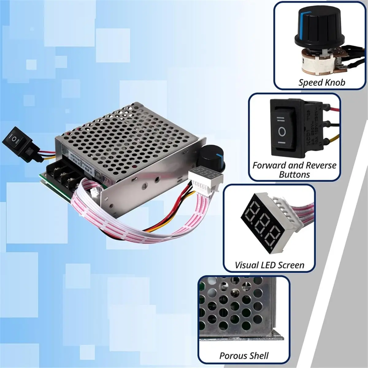 

(ABAB) 40A PWM контроллер скорости двигателя постоянного тока, регулятор бесступенчатой регулировки скорости для мощных щеточных двигателей постоянного тока 10В-55В, системы 12В, 24В, 36В, 48В