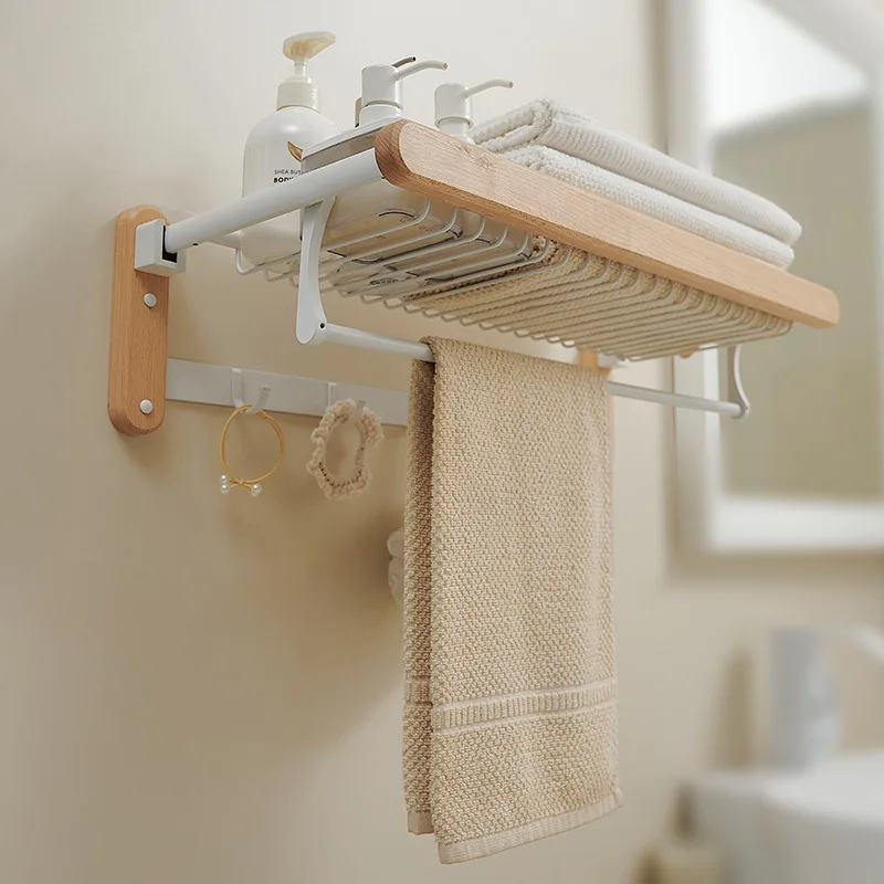 Modern Foldable Towel Holder, Natural Wood Bathroom Shelf, Waterproof Corner Organizer, Creative Wall Storage for Small Space