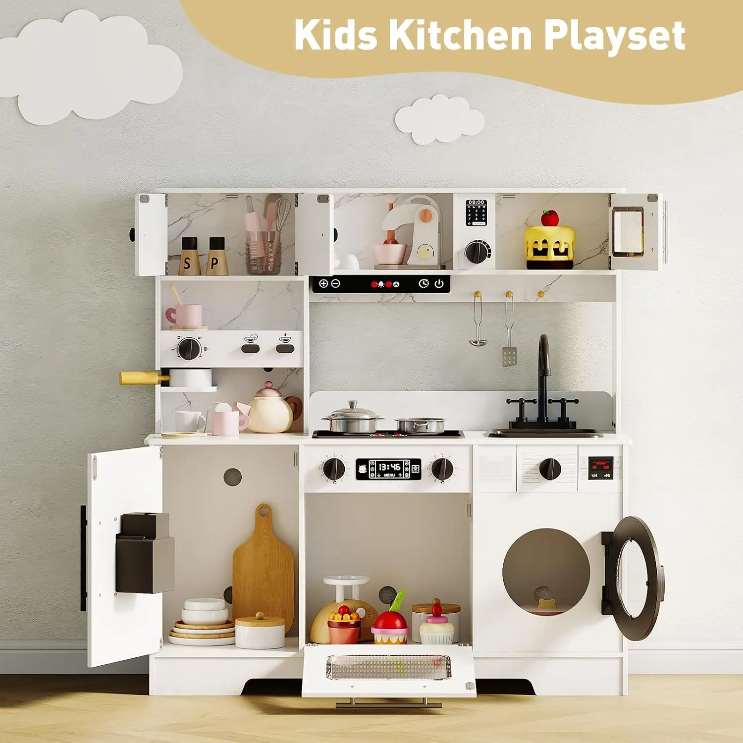8-in-1 Wooden Play Kitchen Set For Kids gift With Lights Sounds,  Ice Maker, Coffee Machine, Washer, 11 Accessories & Storage, Ages 3+
