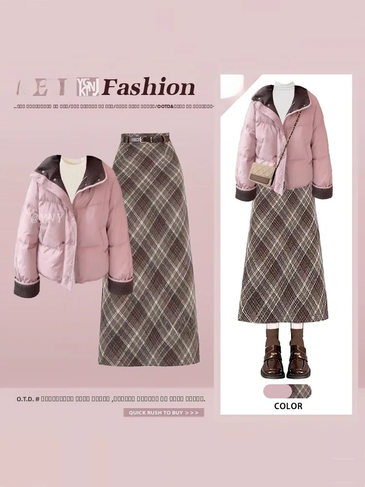 

Retro Academic Style Plaid Skirt Set Women's Loose Warm Purple Cotton Jacket Winter Fashion Ensemble Long Sleeve