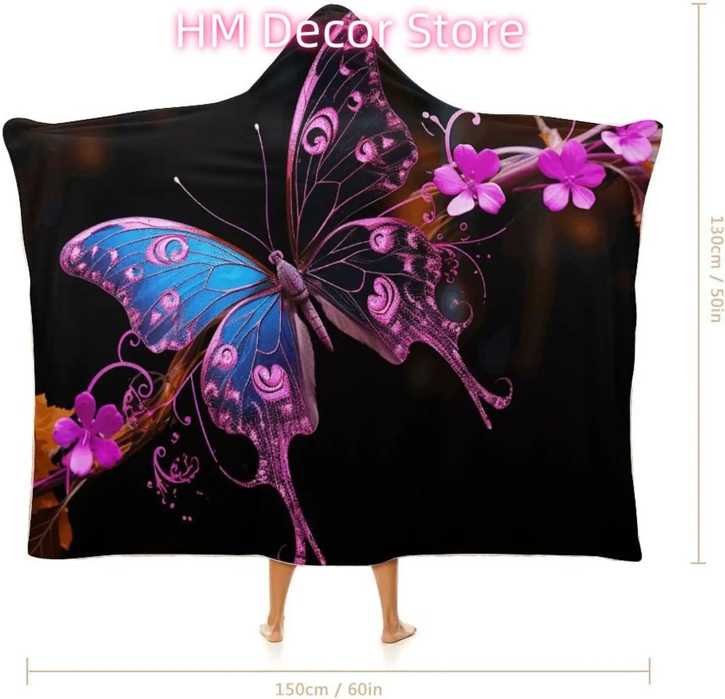 Nice Butterfly Wearable Hooded Blanket, Ultra Soft Arctic Velvet Cape Cloak Unisex - Cozy Wearable Blanket